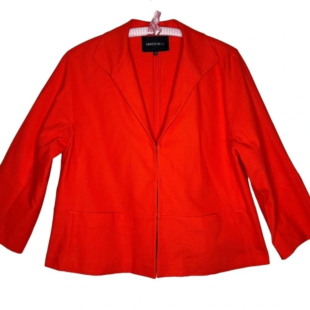 Lafayette 148 Orange 3/4 Sleeve Blazer Jacket Sz 12 Hook Closure Cotton Tailored
